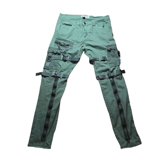 Men's Preme Green Cargo Pants with Chains and Straps Tactical Punk Size 36 X 33